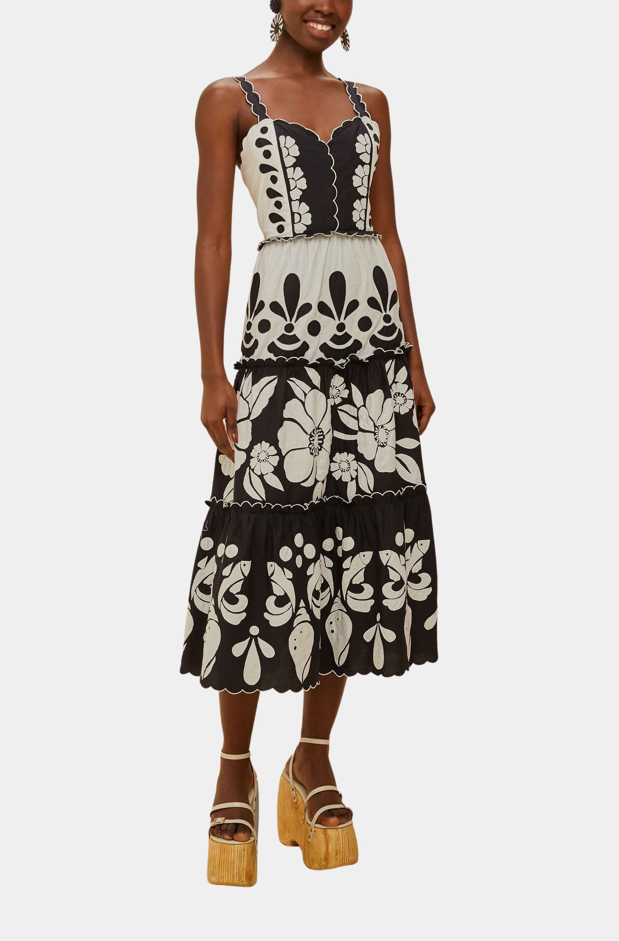 Summer Black And White Cutwork Midi Dress Summer Black And White Cutwork Midi Dress