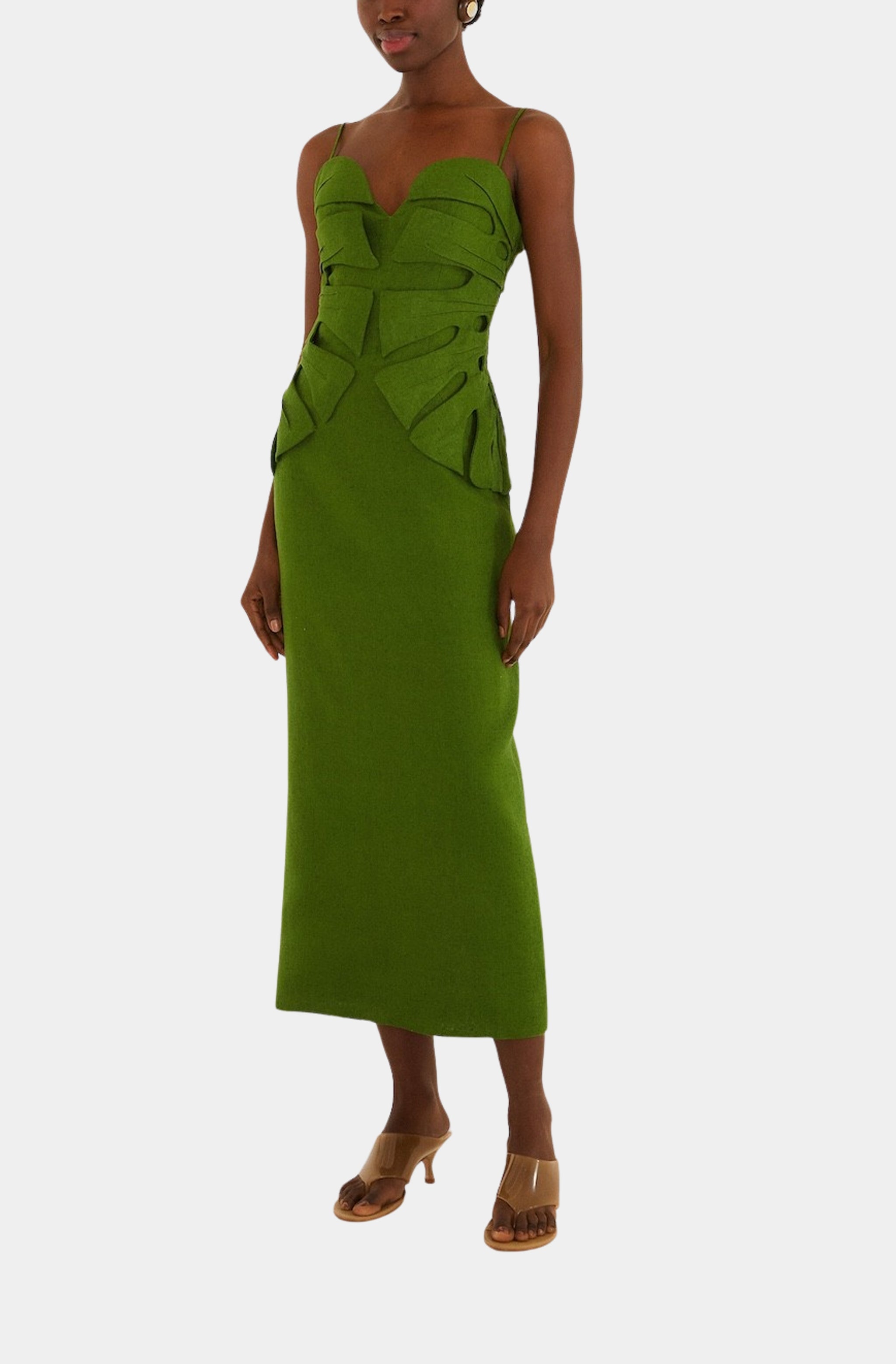 Green Monstera Leaf Sleeveless Maxi Dress Hemline Mobile Green Monstera Leaf Sleeveless Maxi Dress Hemline Mobile