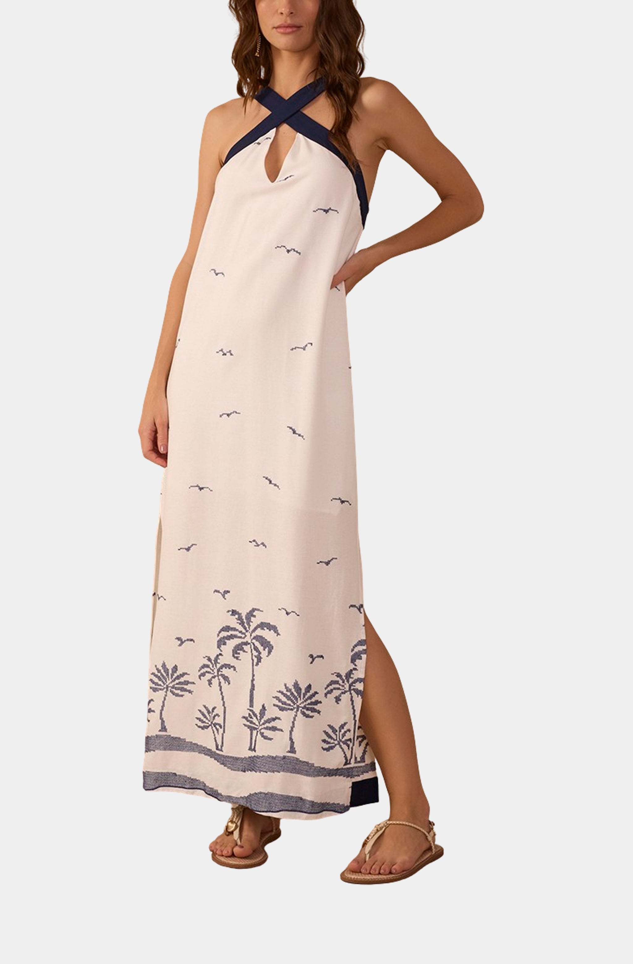Embroidered Halter Neck Linen Maxi Dress Hemline Mobile Embroidered Halter Neck Linen Maxi Dress Hemline Mobile
