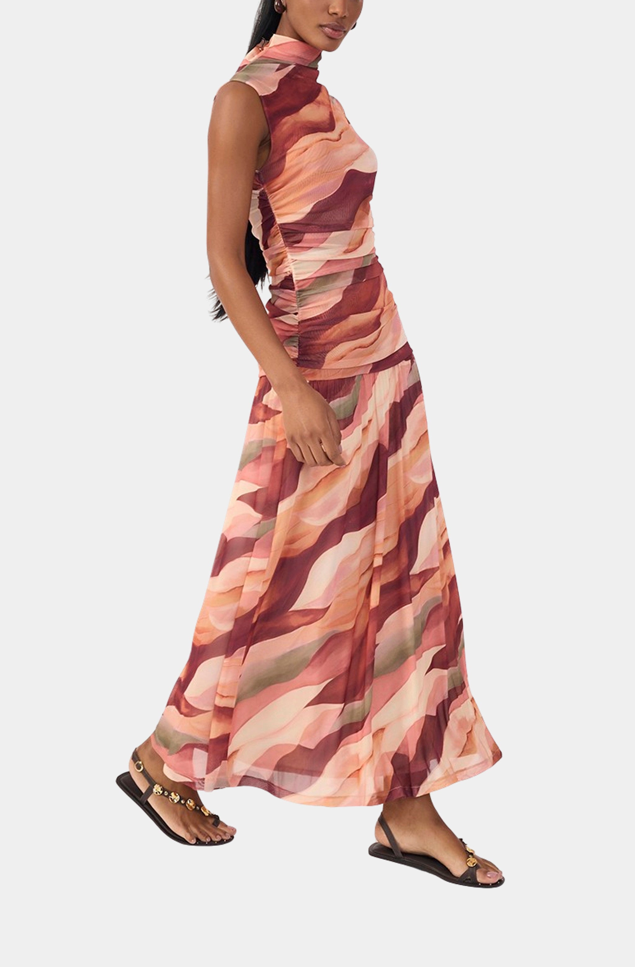 Multicolor Dunas High Neck Mesh Maxi Dress