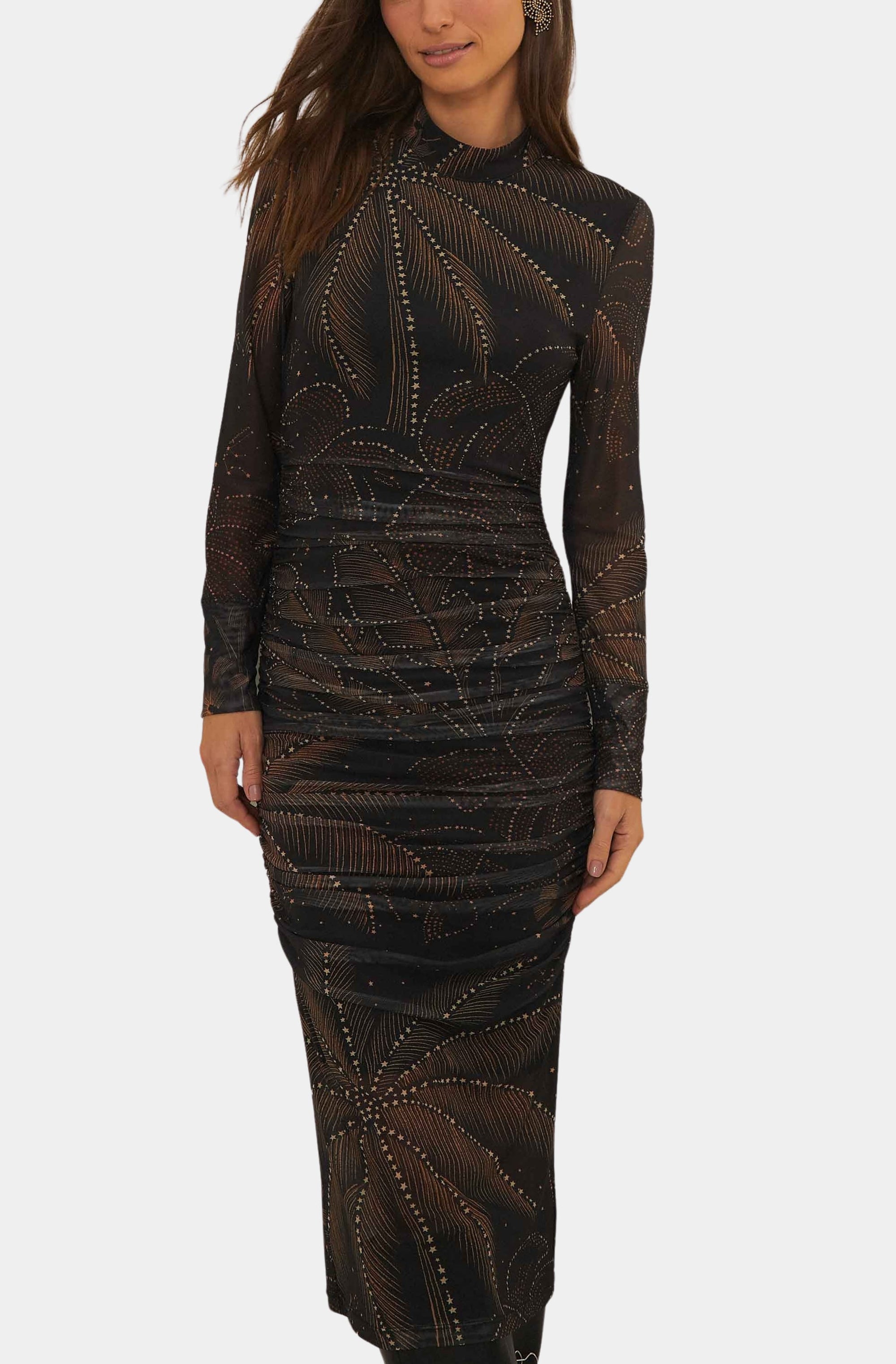 Golden Foliage Black Tulle Midi Dress