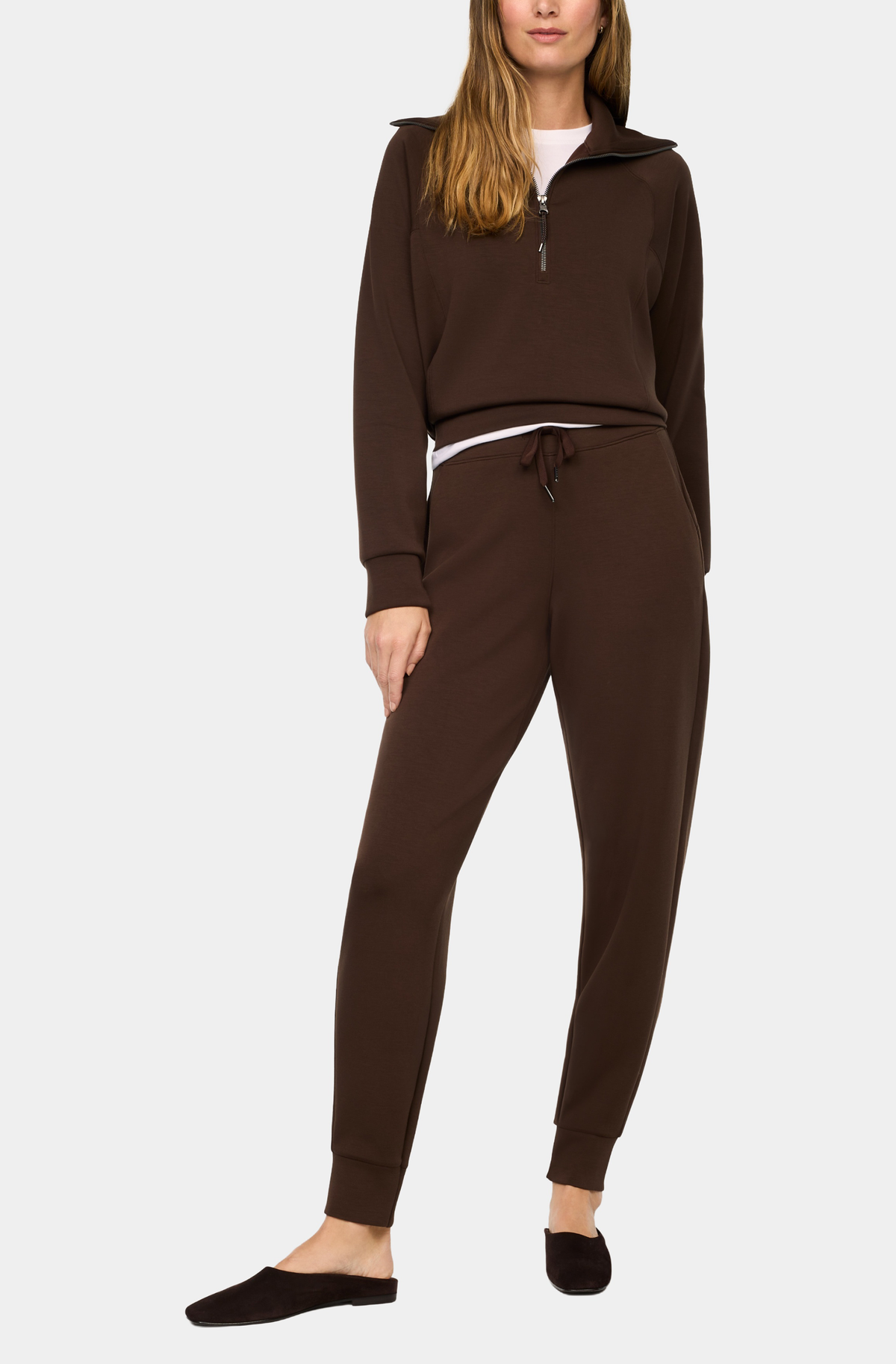 Spanx AirEssentials Half Zip in Umber Root, full outfit view