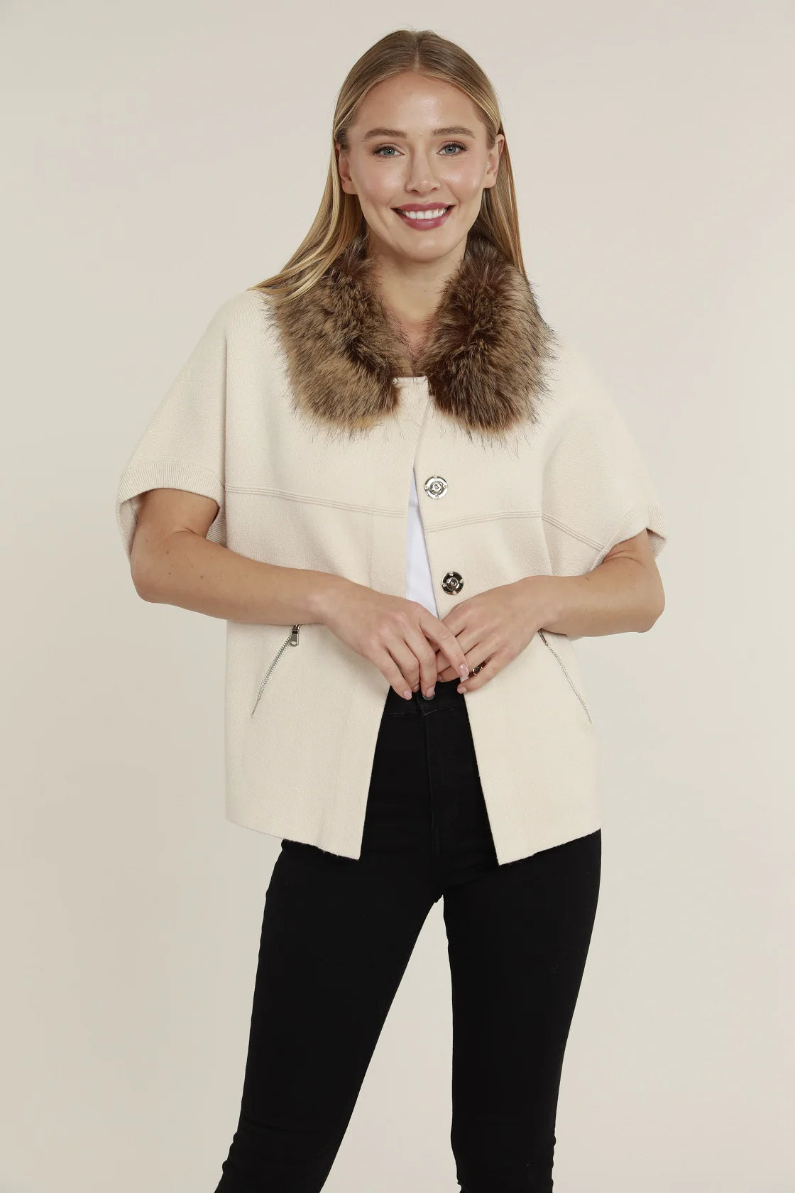 Faux Fur Collar Short Sleeve Cardigan