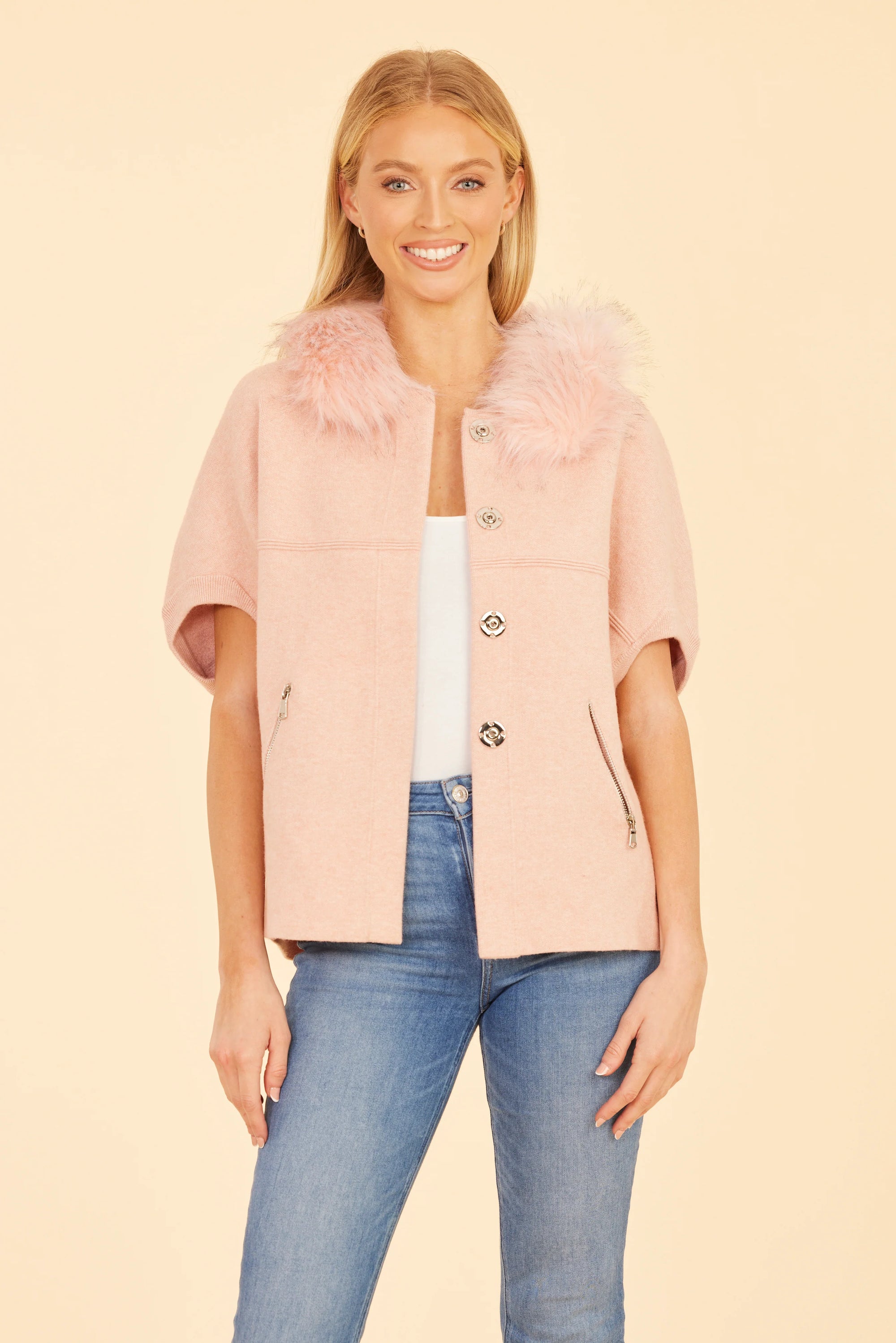 Faux Fur Collar Short Sleeve Cardigan