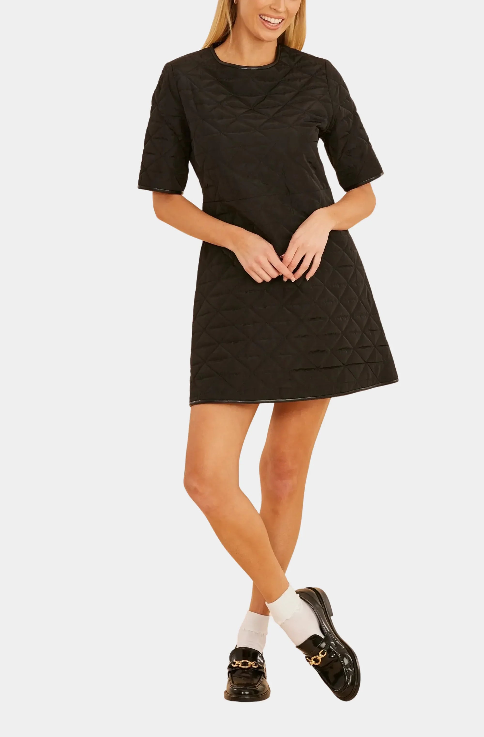 Quilted Nylon Faux Leather Trim Dress