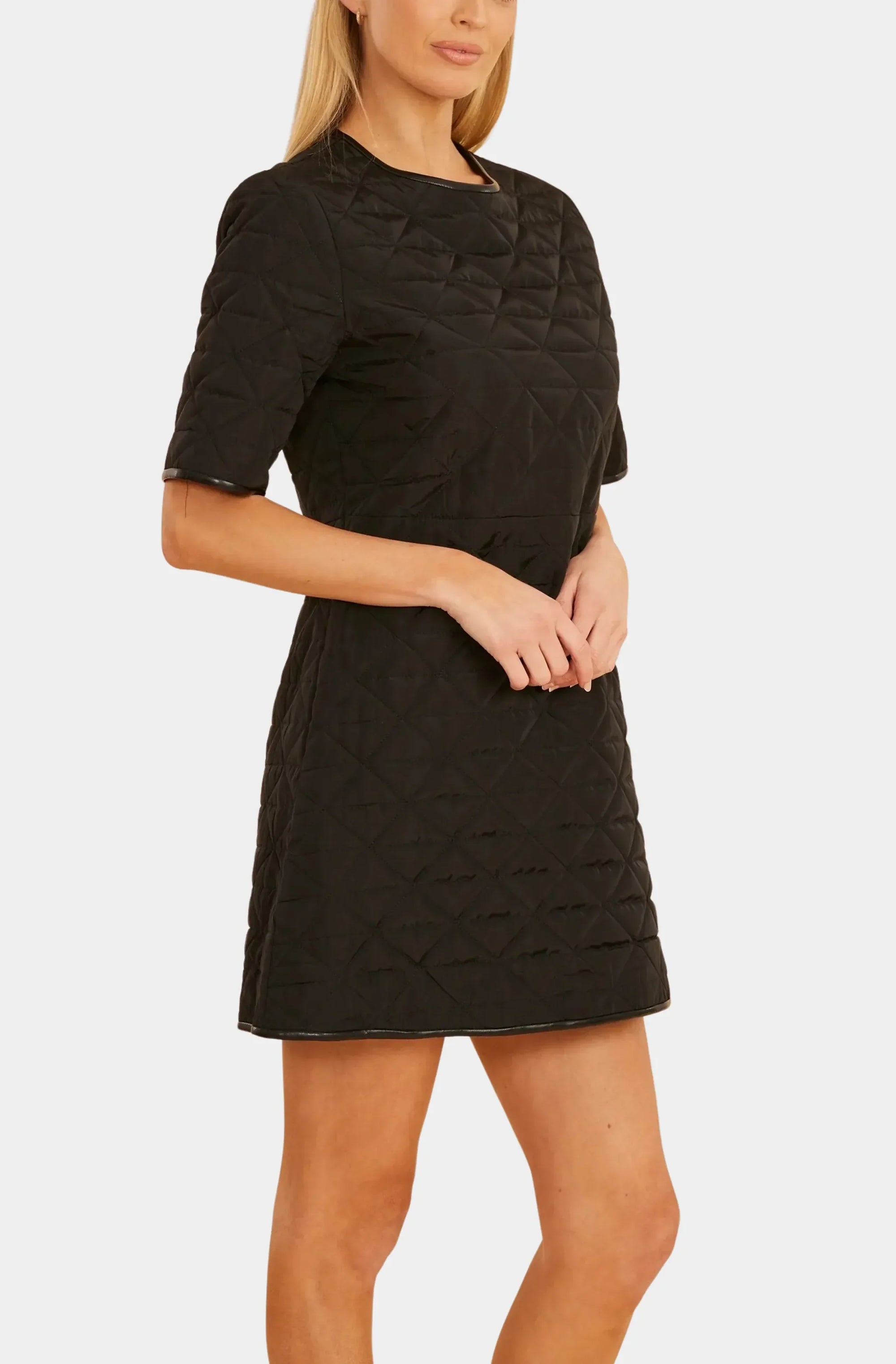 Quilted Nylon Faux Leather Trim Dress