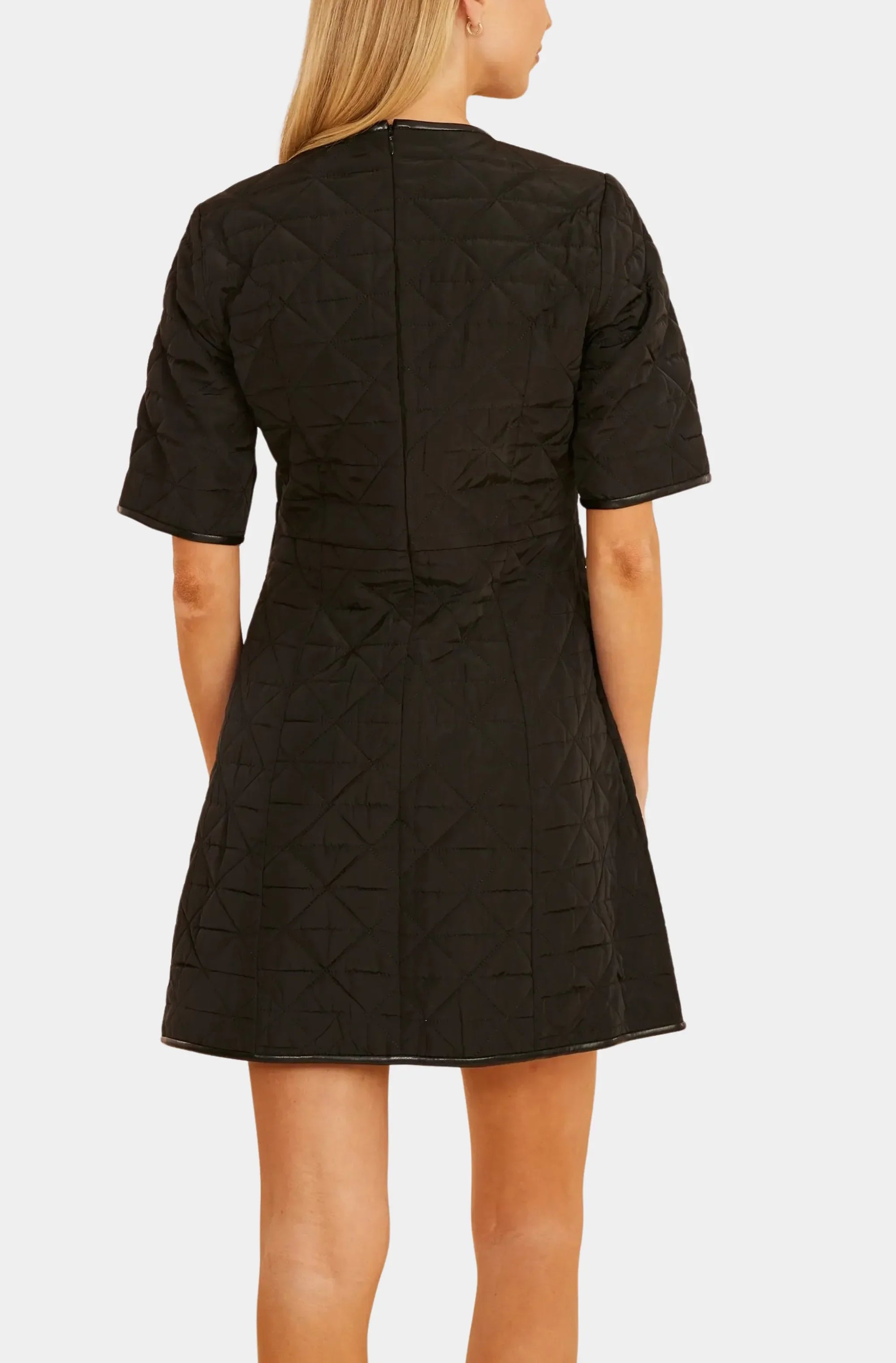 Quilted Nylon Faux Leather Trim Dress