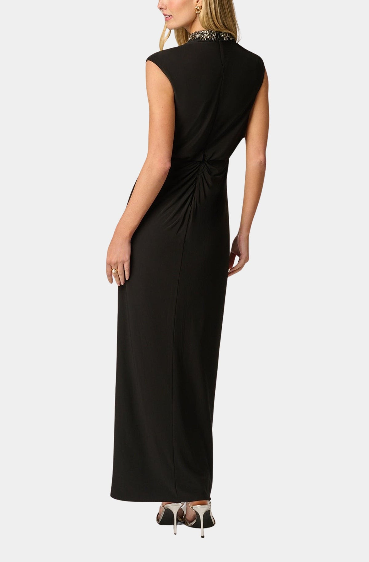 Adrianna Papell black rhinestone collar draped jersey gown, back view