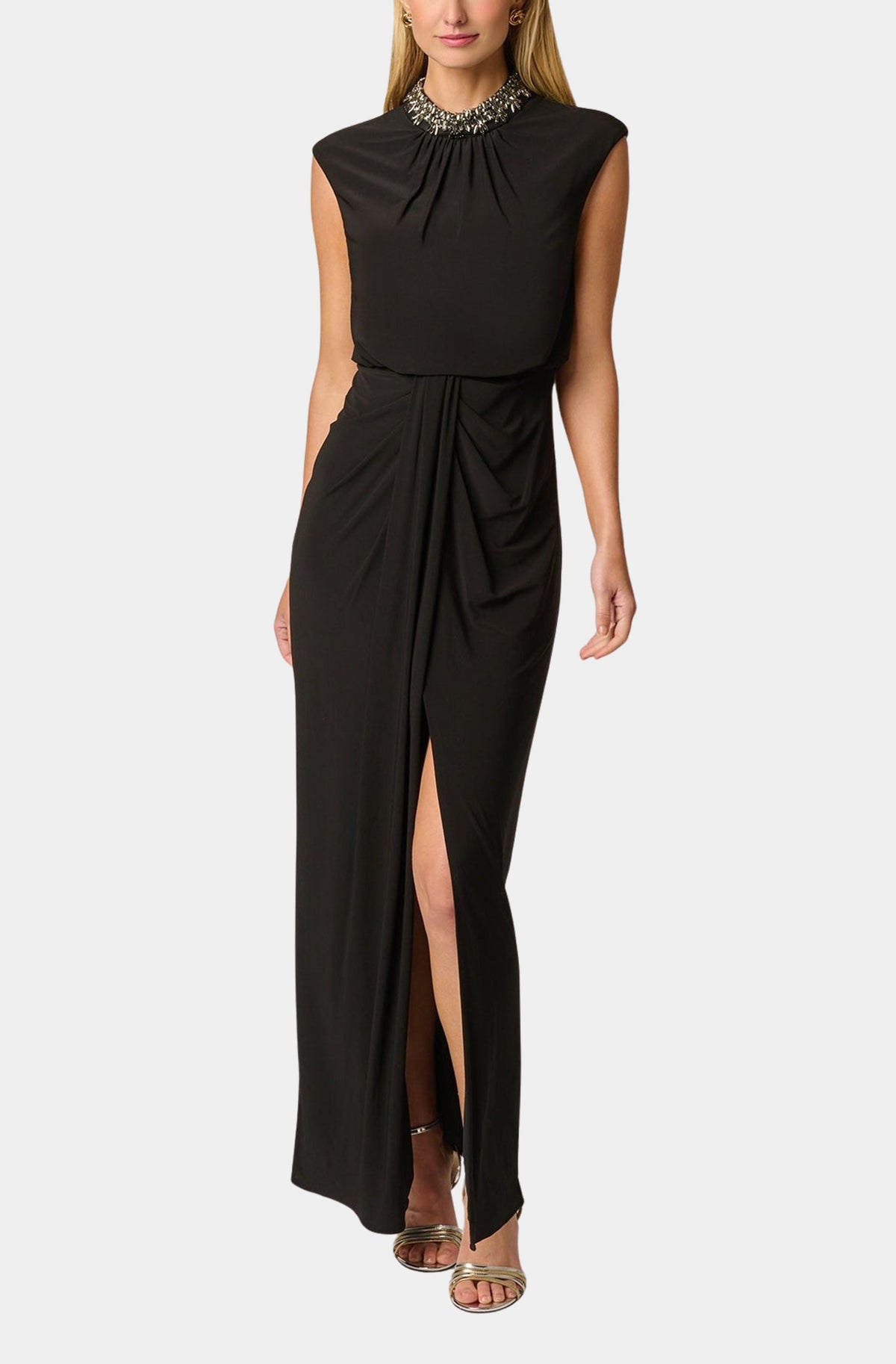 Adrianna Papell black rhinestone collar draped jersey gown, default view