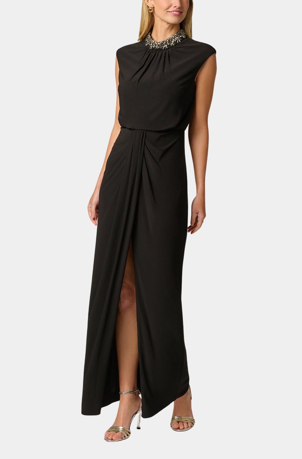 Adrianna Papell black rhinestone collar draped jersey gown, side view