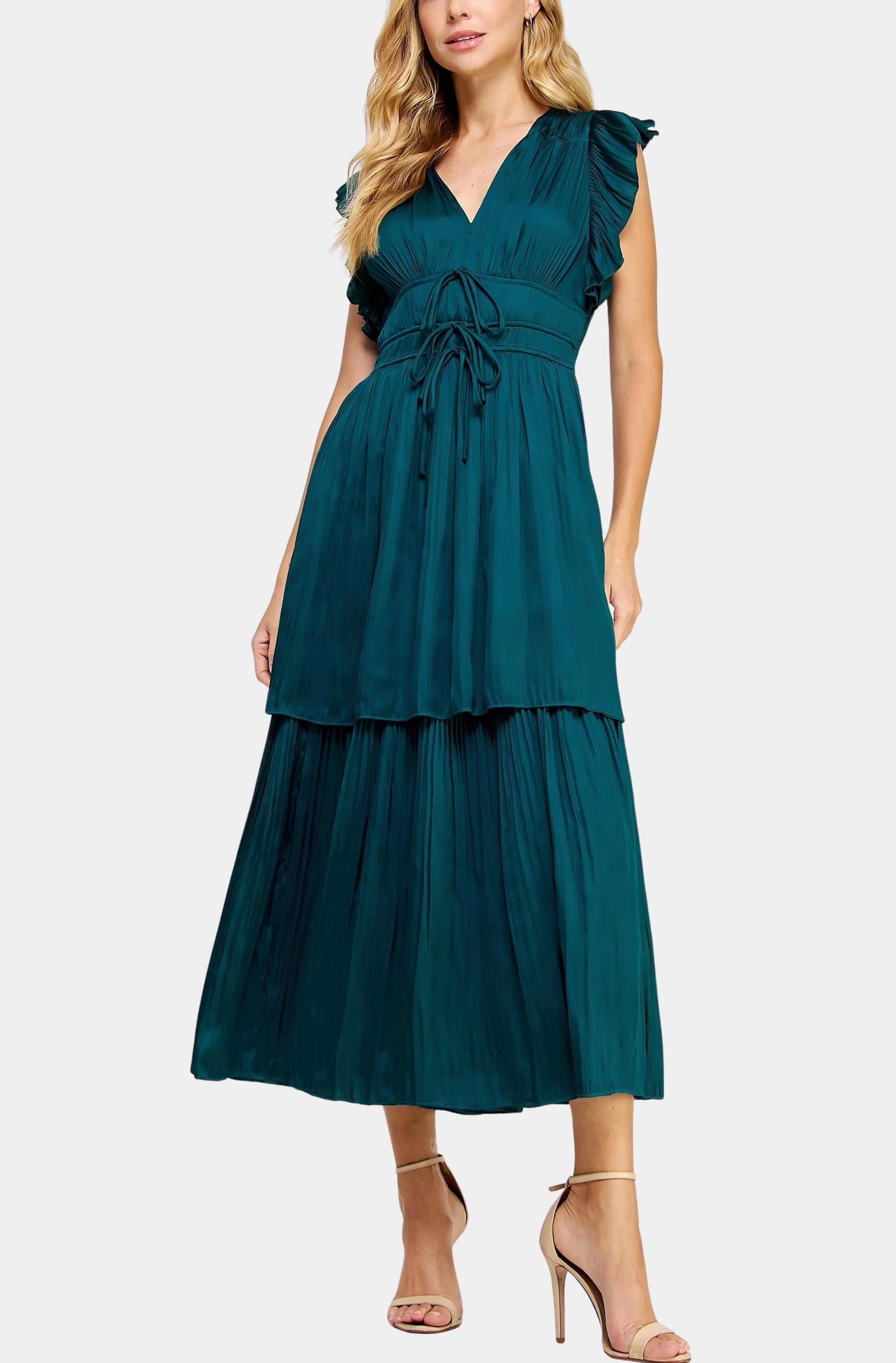 Ruffled Pleated Satin Long Dress