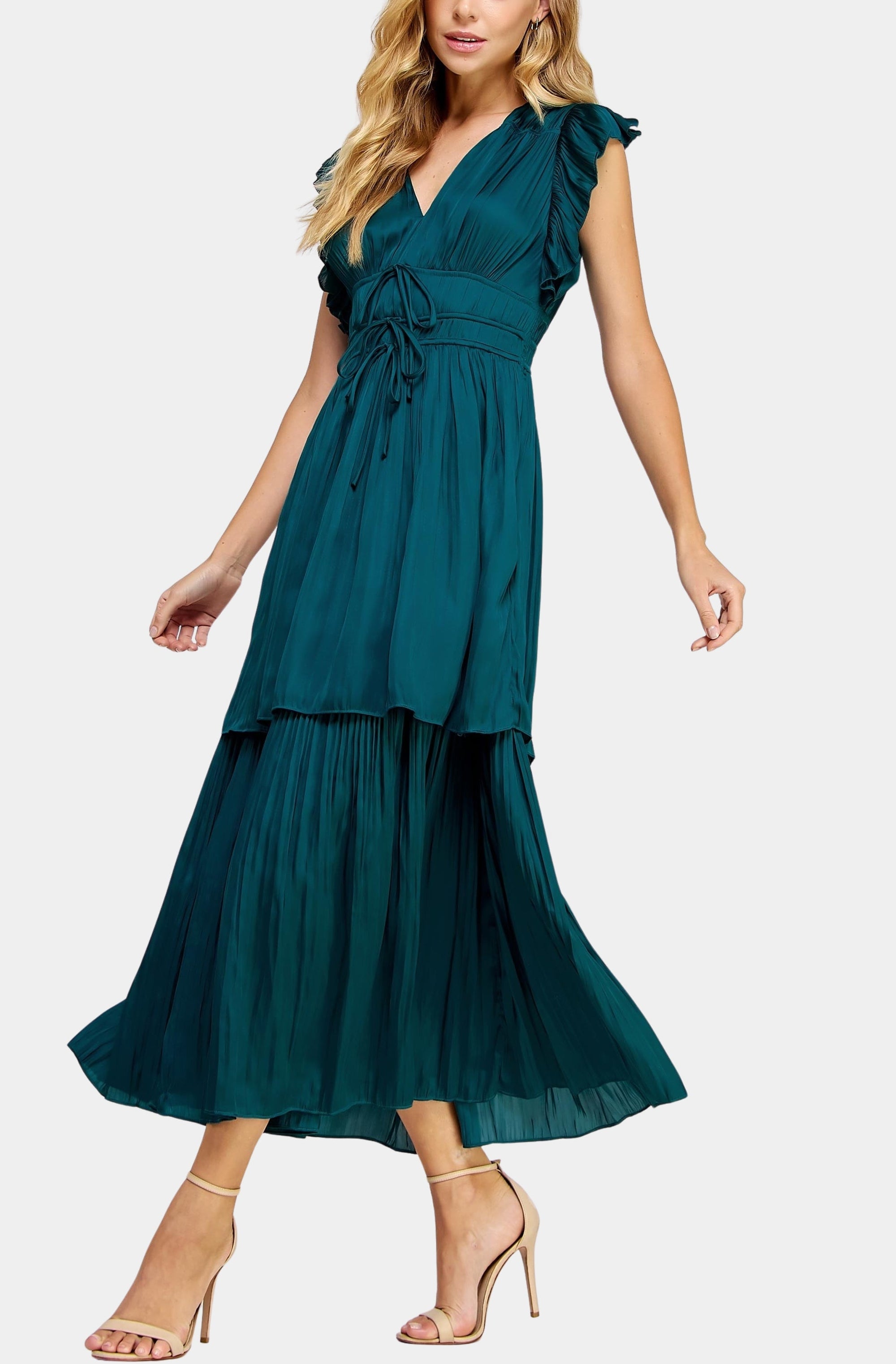 Ruffled Pleated Satin Long Dress