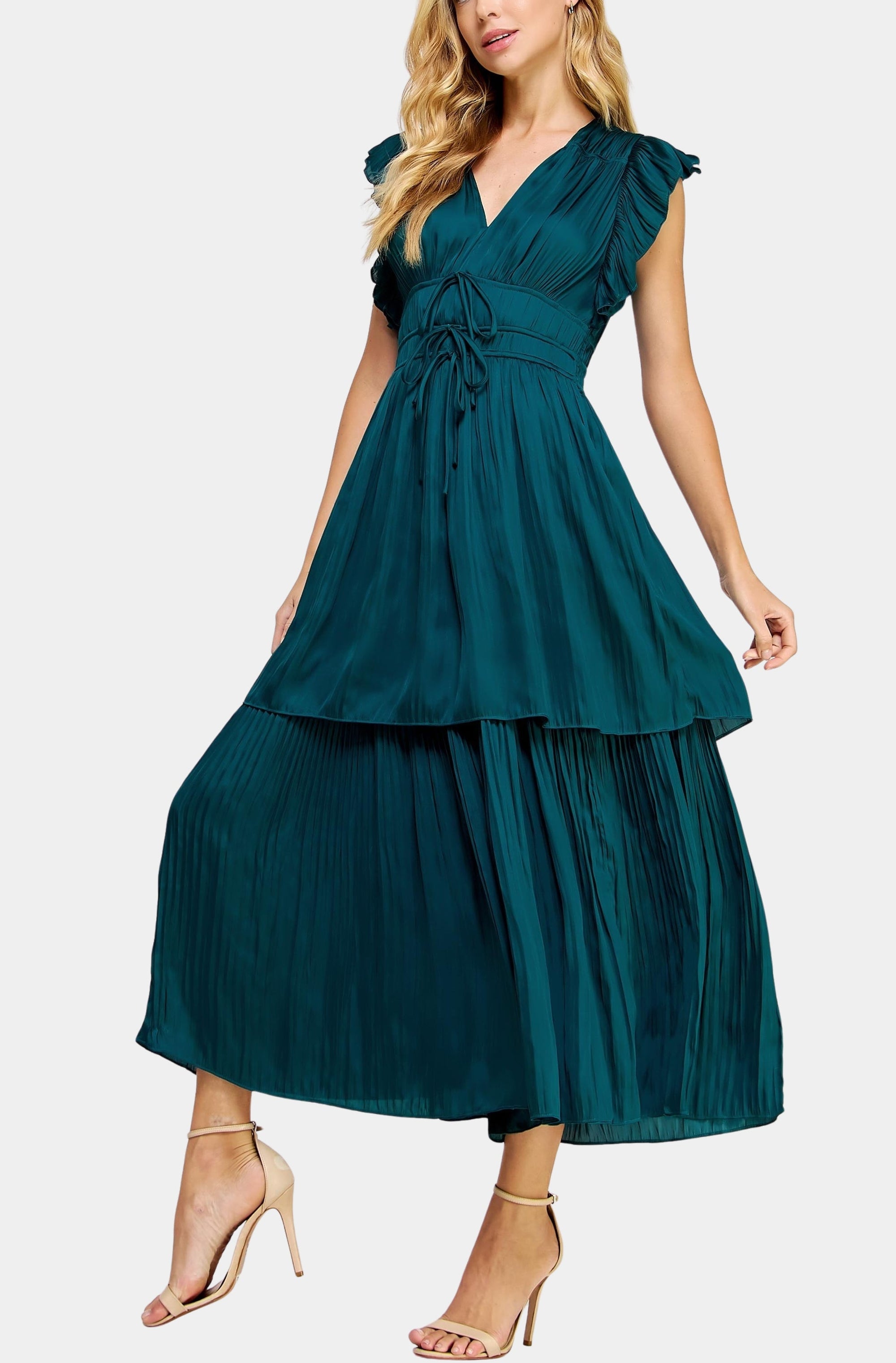 Ruffled Pleated Satin Long Dress