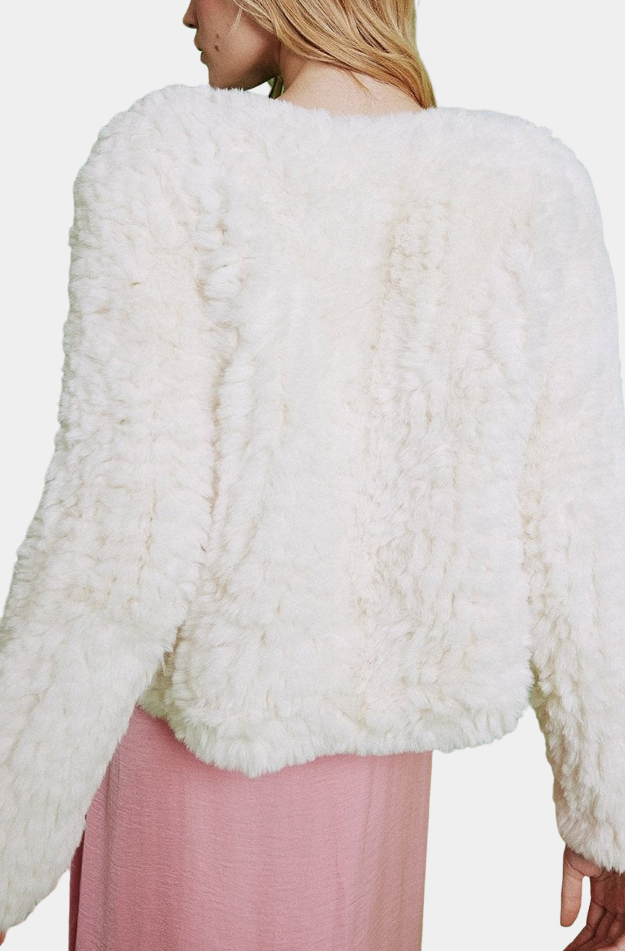 Cream Hand Knitted V-Neck Faux Fur Coat