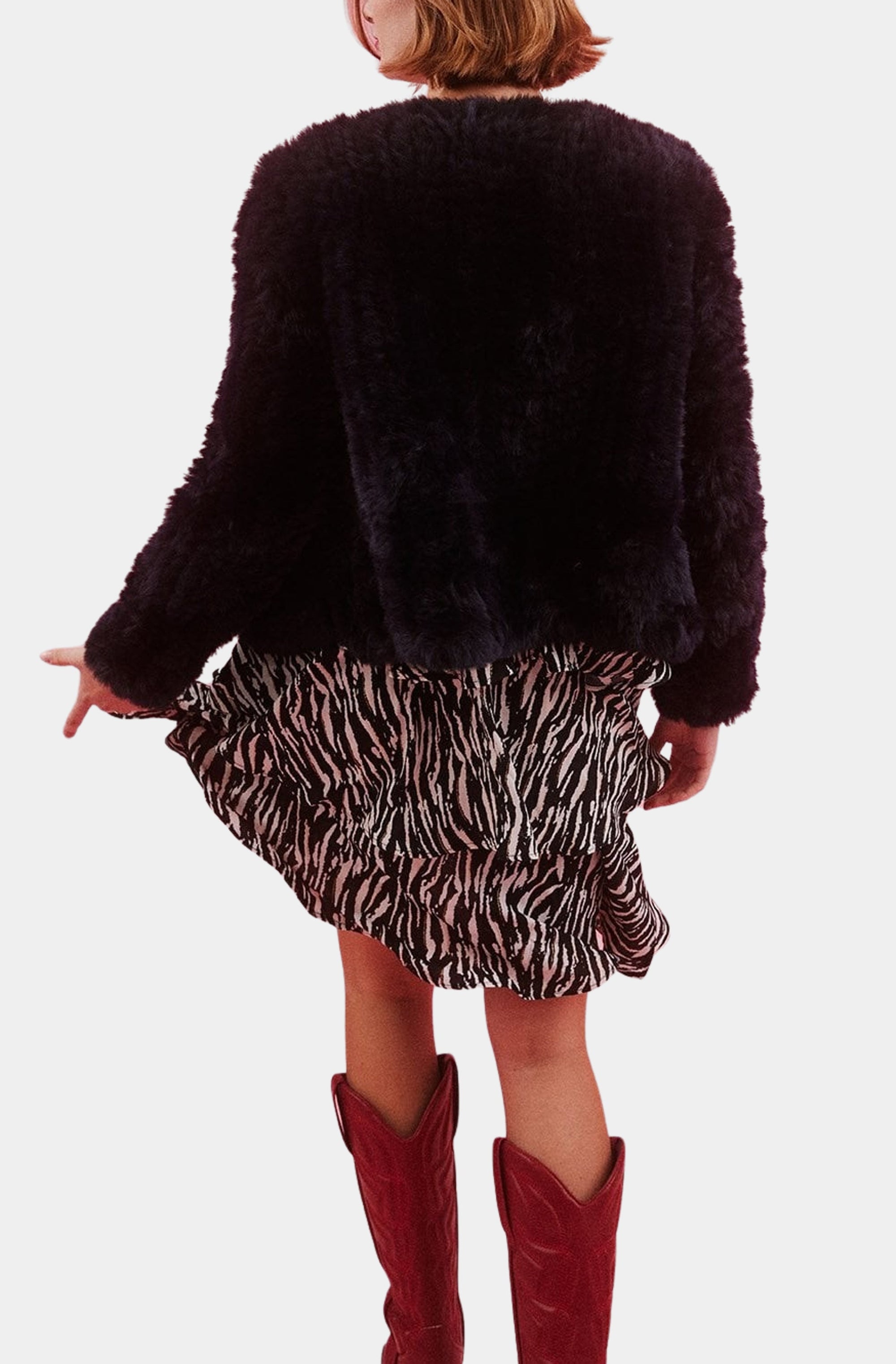 Navy Hand Knitted V-Neck Faux Fur Coat