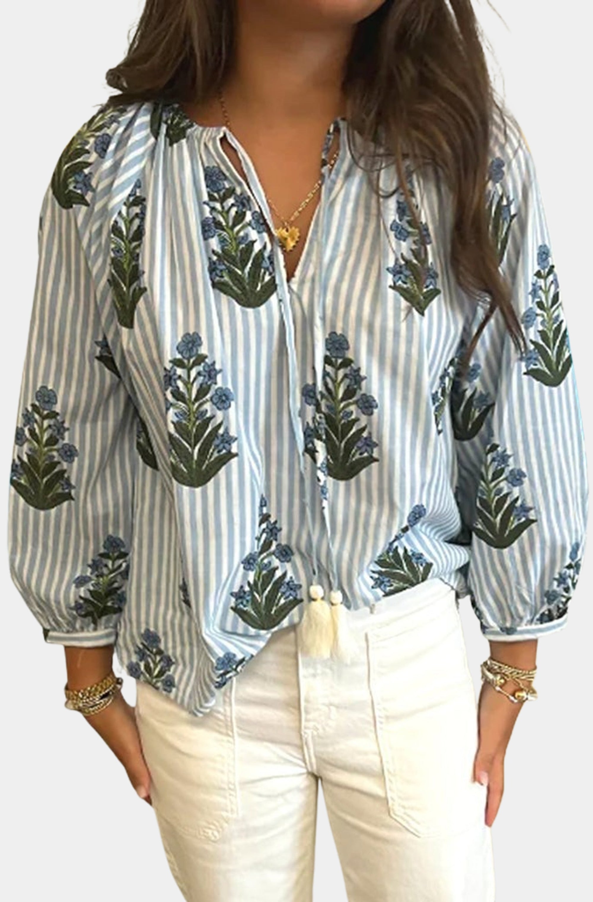 Stripe Floral Long Sleeve V-Neck Blouse