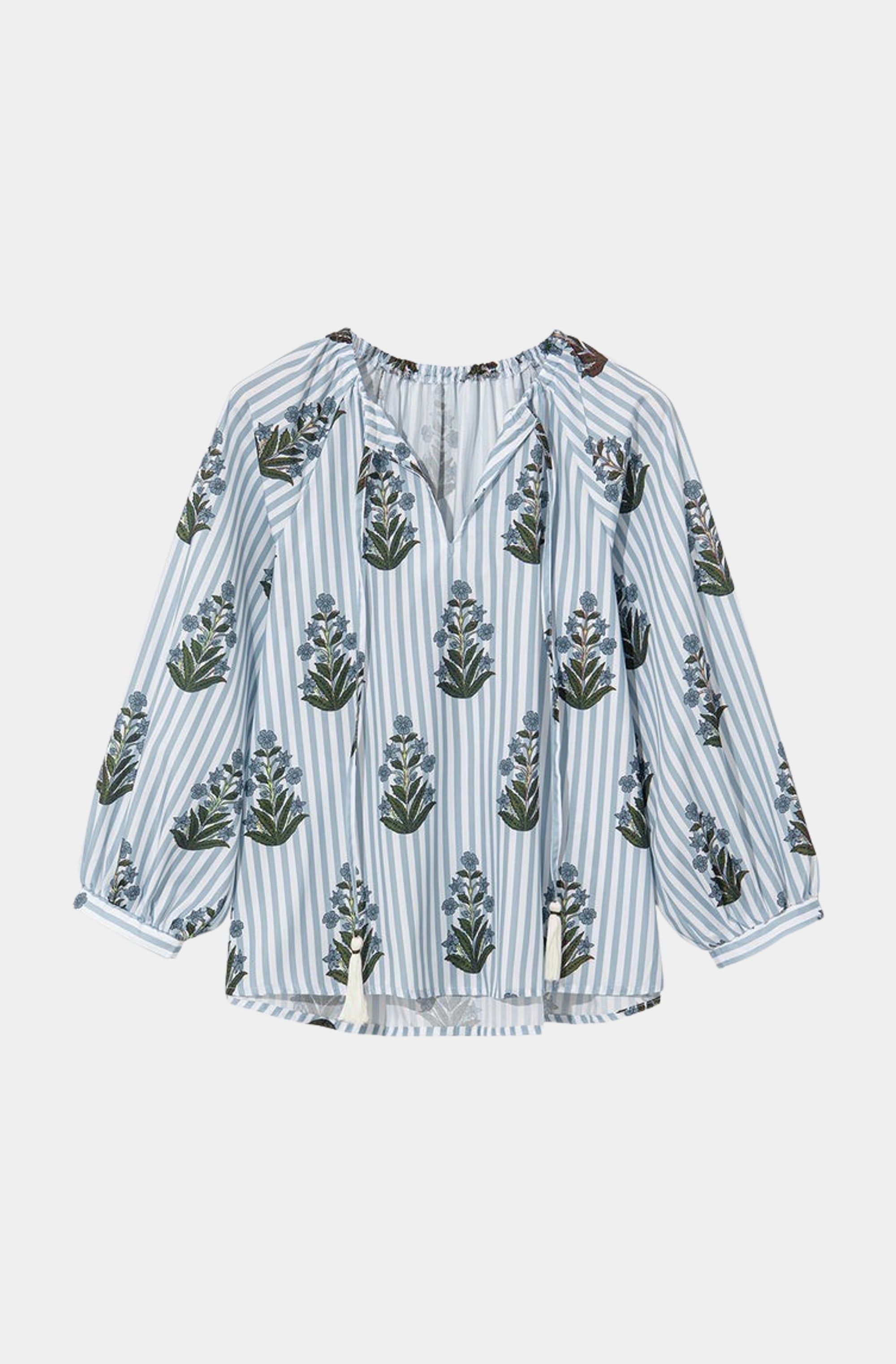 Stripe Floral Long Sleeve V-Neck Blouse