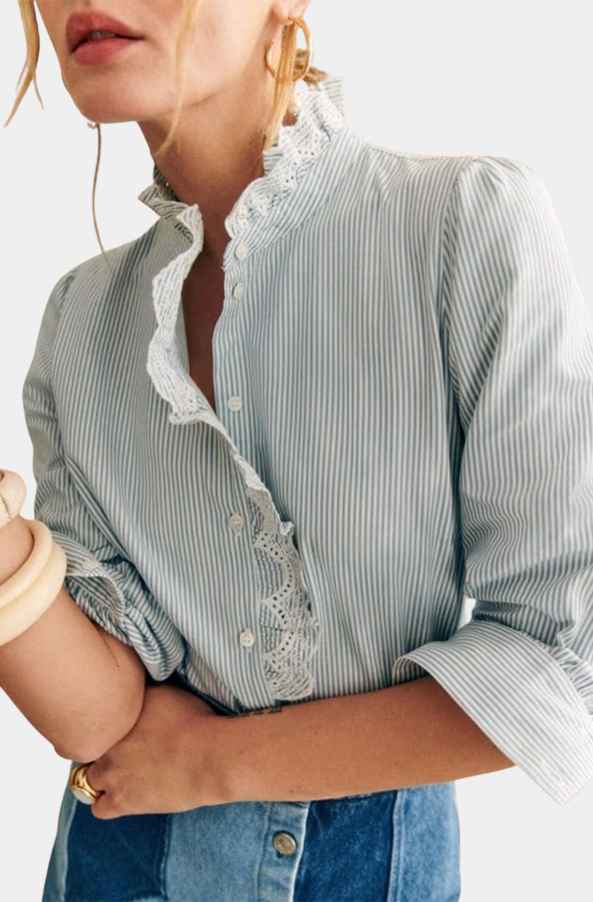 Stripe Lace Trim Buttoned Shirt