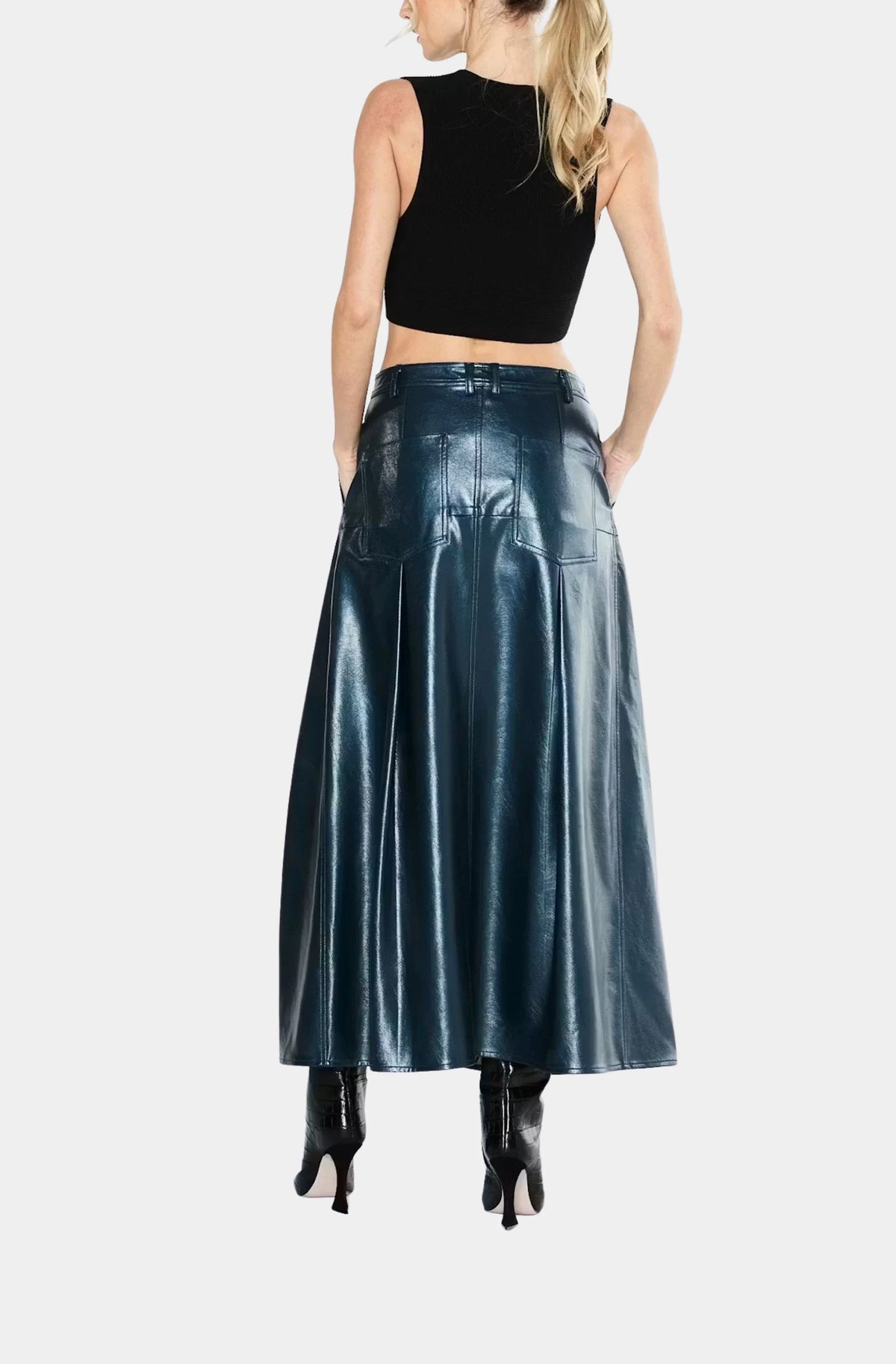 Felicia Shimmer Vegan Leather Midi Skirt