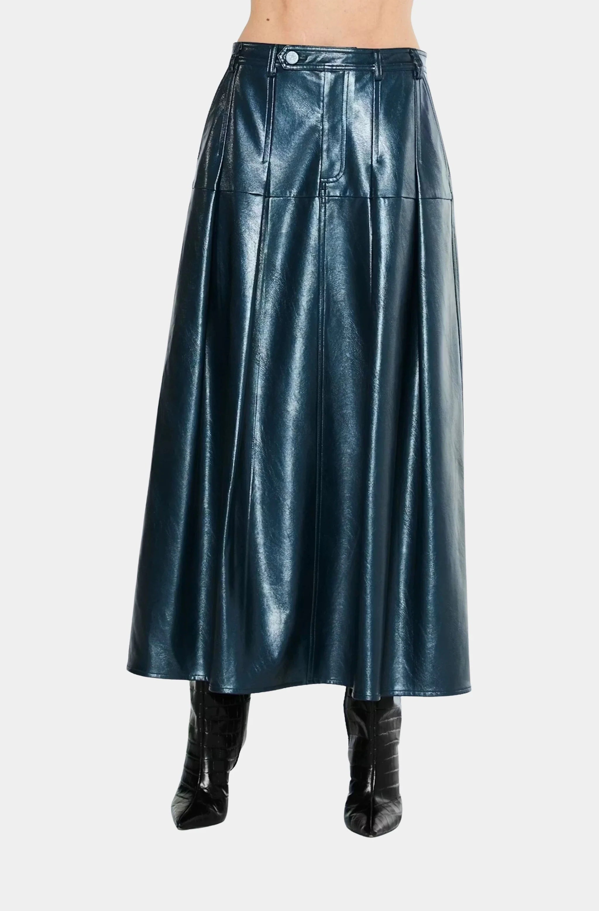 Felicia Shimmer Vegan Leather Midi Skirt