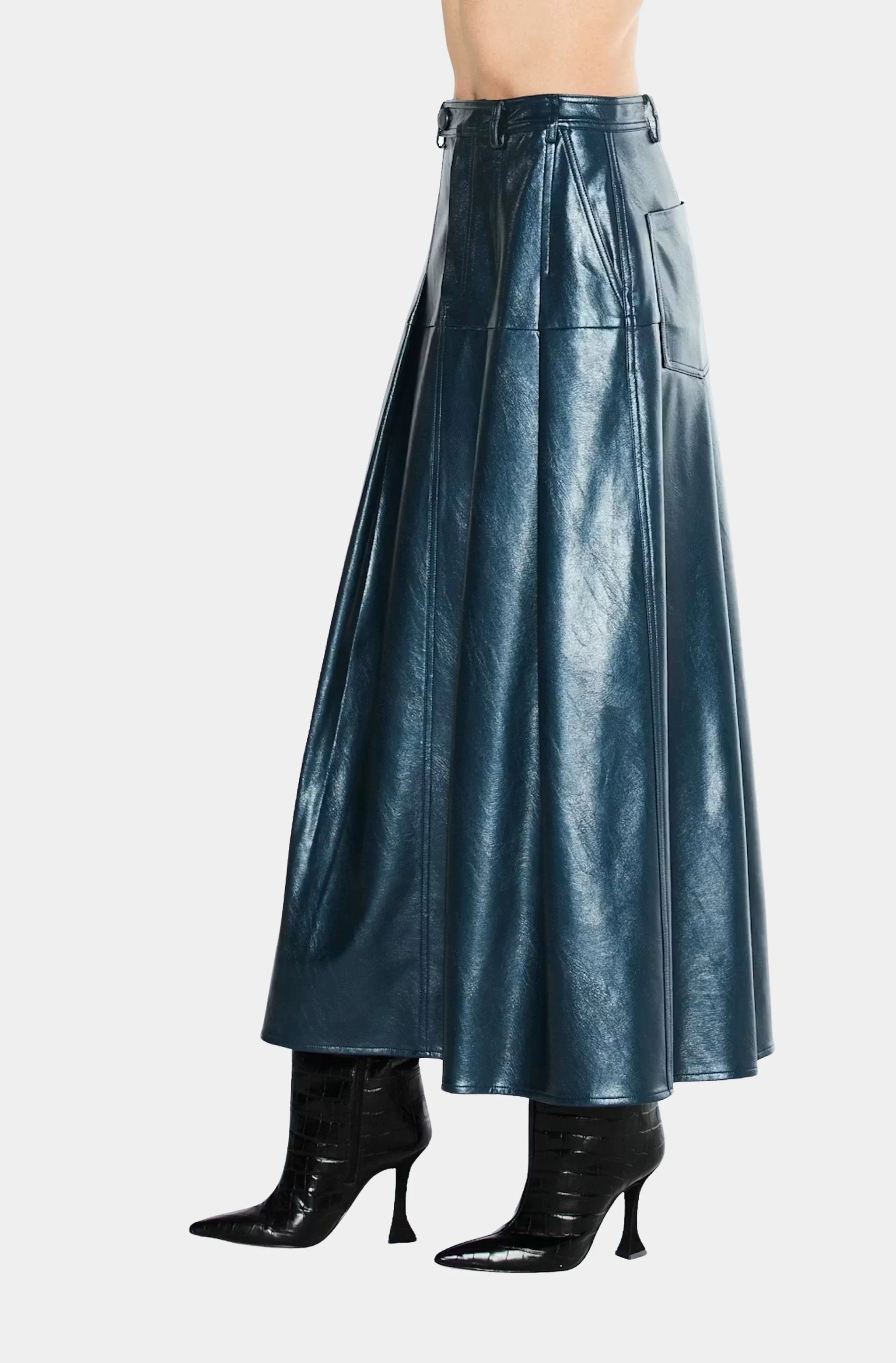 Felicia Shimmer Vegan Leather Midi Skirt