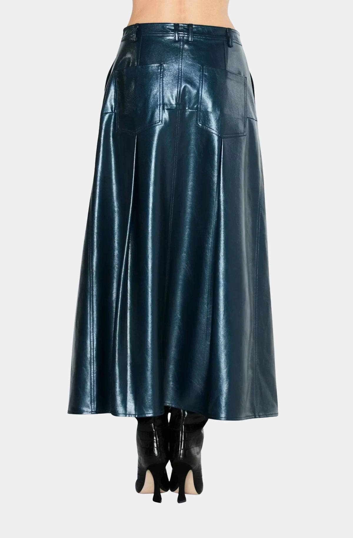 Felicia Shimmer Vegan Leather Midi Skirt