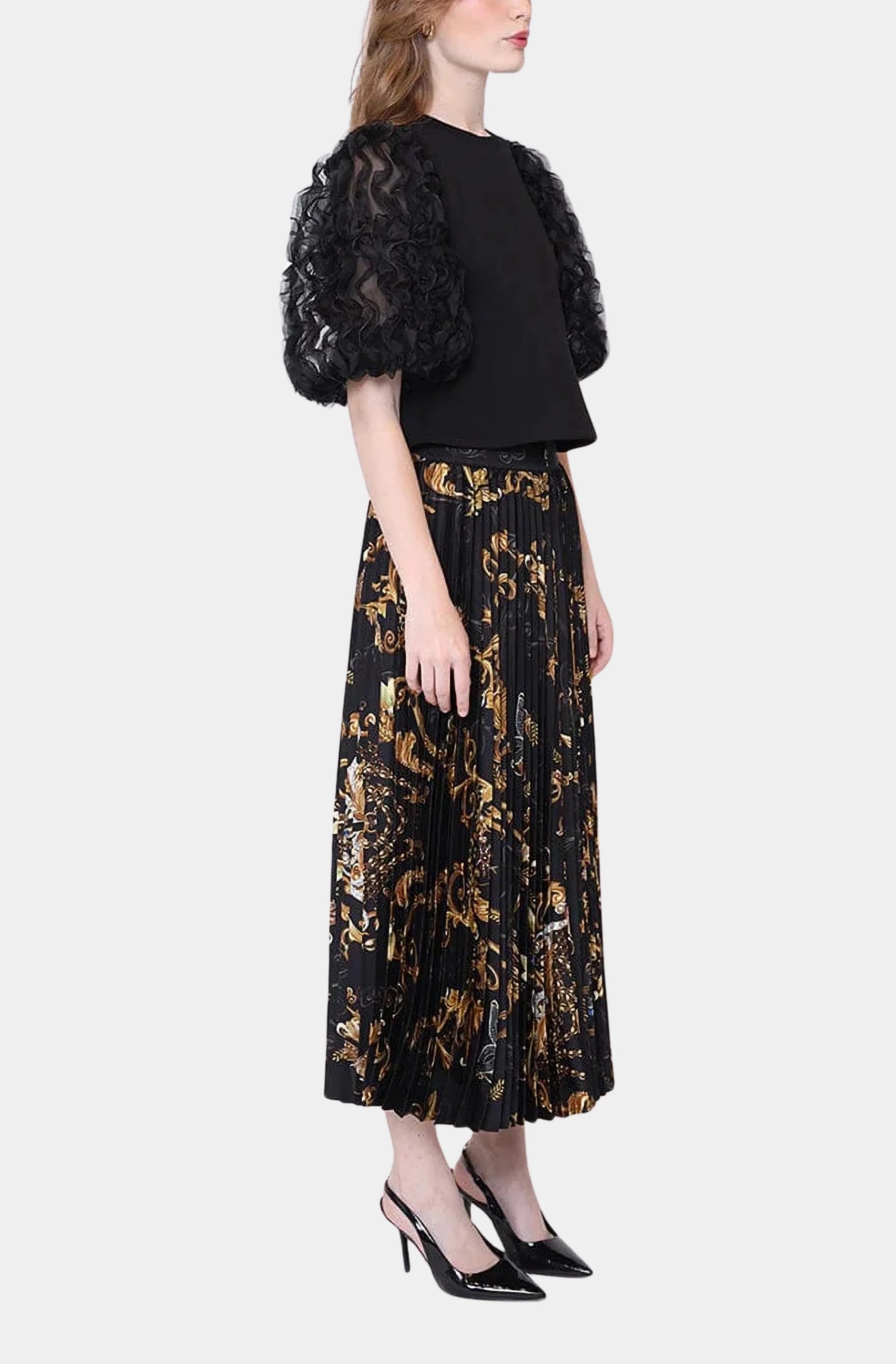 Floral Print Satin Pleated Skirt