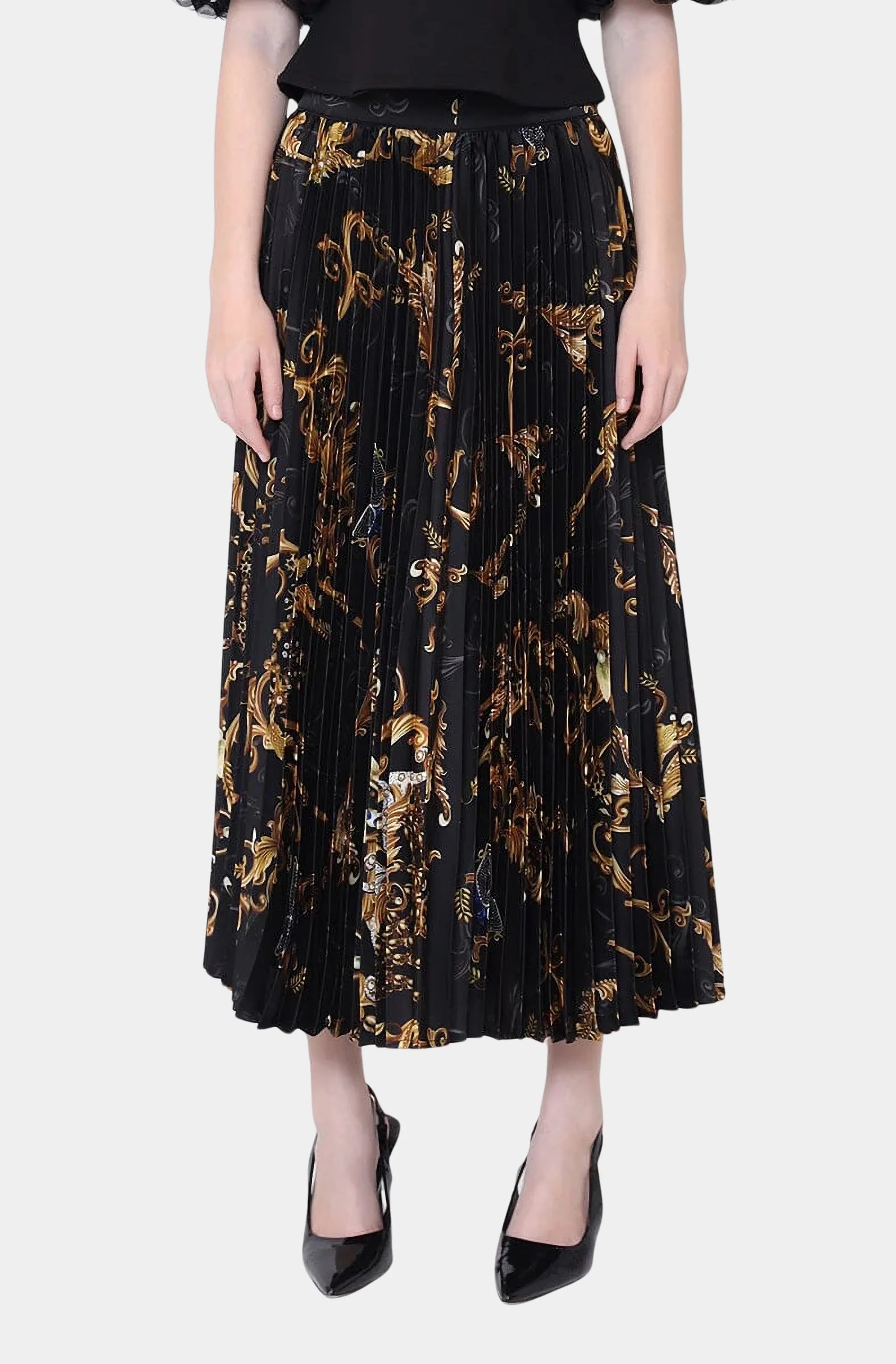 Floral Print Satin Pleated Skirt