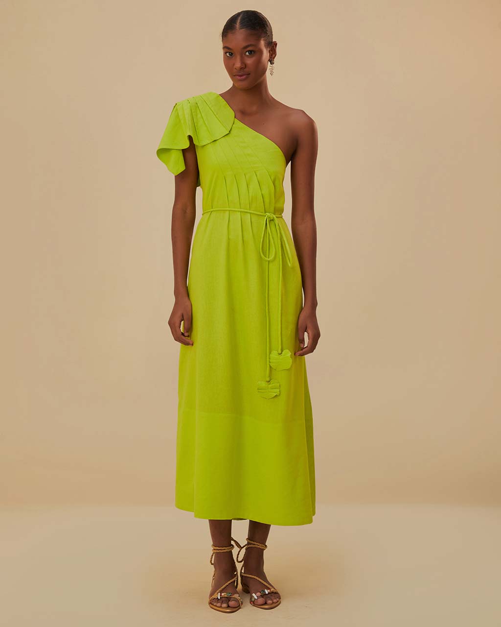 Green One Shoulder Leaf Maxi Dress