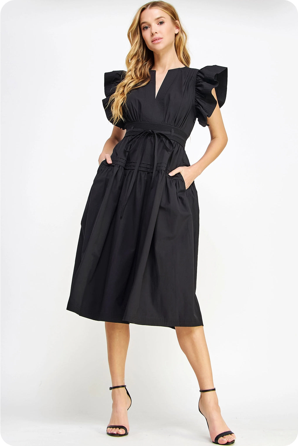 Flutter Sleeve Poplin Midi Dress