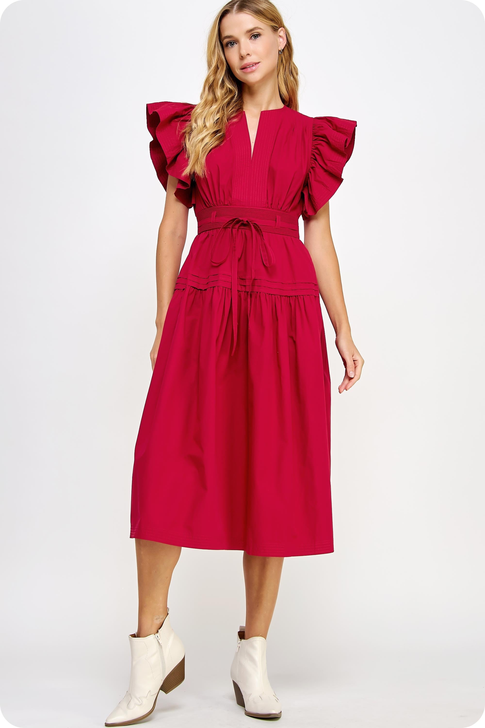 Flutter Sleeve Poplin Midi Dress