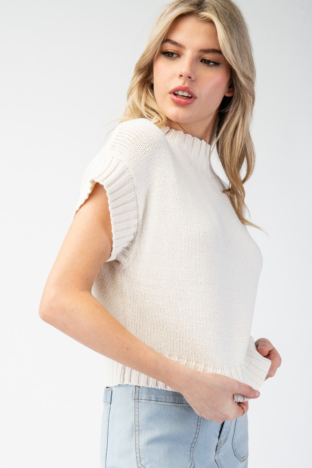 Mock Neck Cropped Short Sleeve Sweater Top