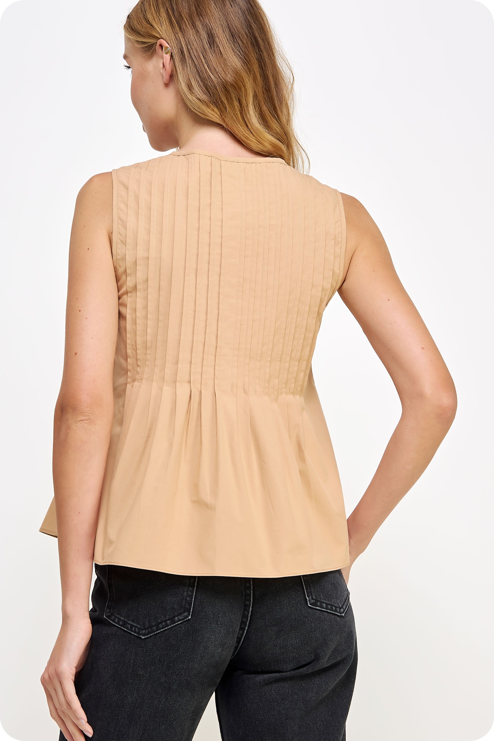 Pintuck Tie Detail Poplin Sleeveless Top