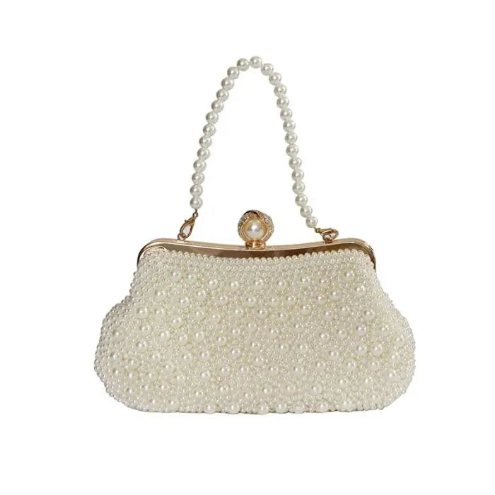 Plain Pearl Embellished Clutch Bag with Pearl Handle