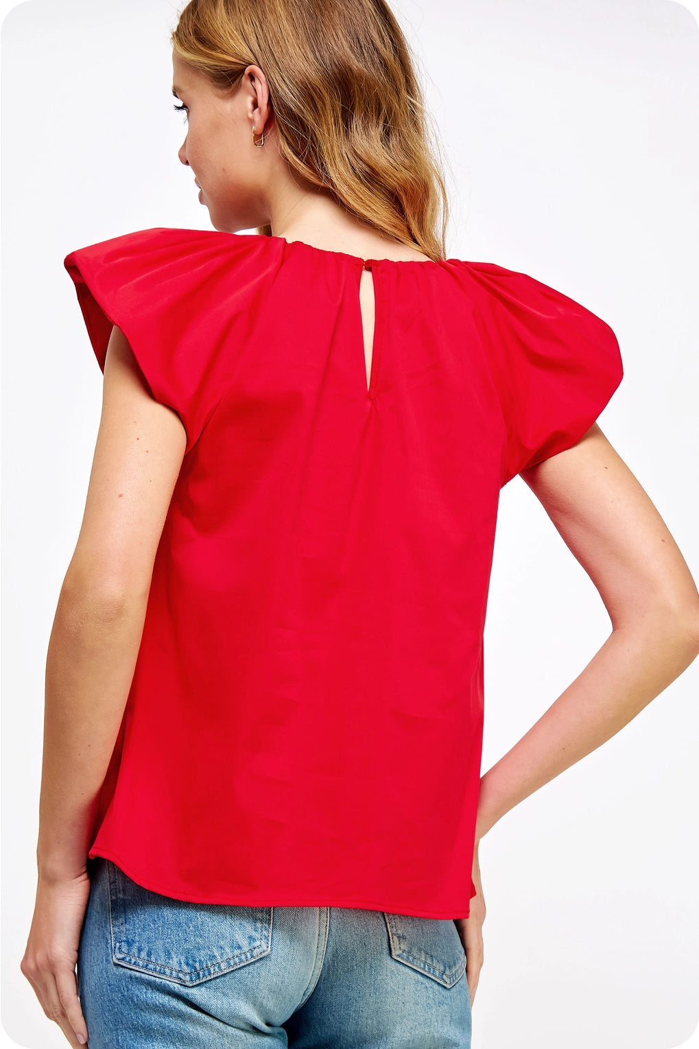 V-Neck Puff Sleeves Poplin Top