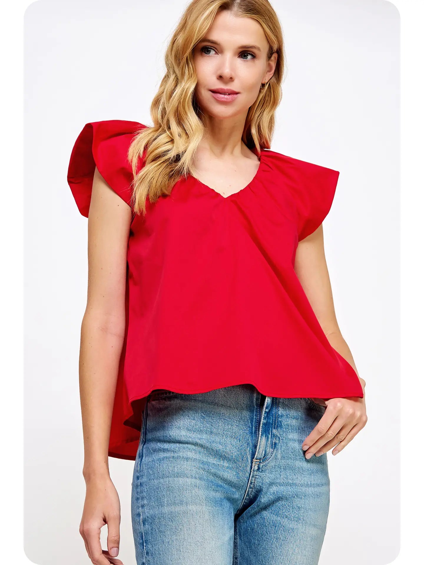 V-Neck Puff Sleeves Poplin Top